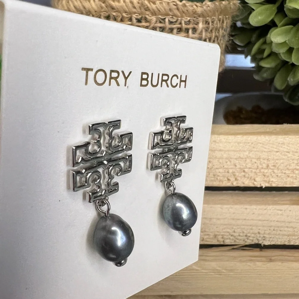 Tory Burch Britten Logo Pearl Silver Drop Earrings - Picture 2 of 3